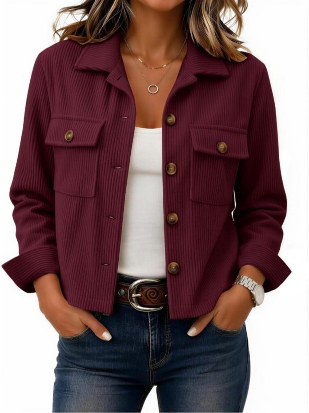 Women's Red Ribbed Knit Button-Down Flap Pockets Long Sleeve Cropped Shacket